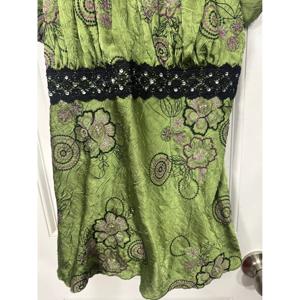 Y2K Heart Soul Green Floral Embroidered Sequin Lace Empire Waist Top Boho Fairy - Picture 6 of 9